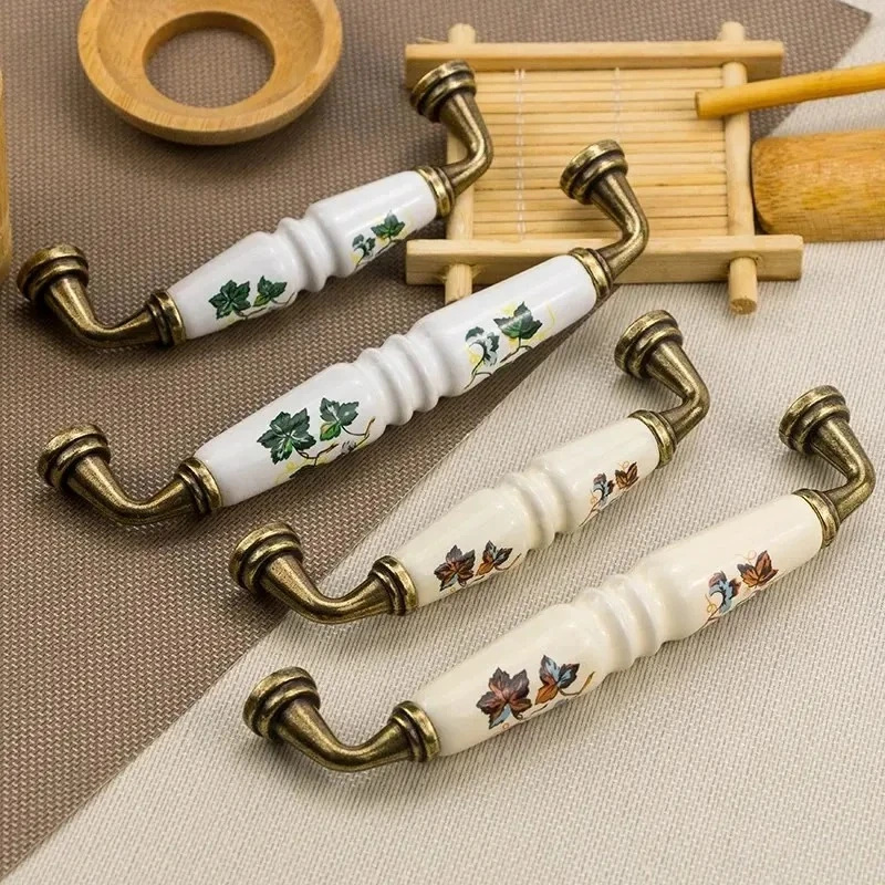 1PCS Knobs for Furniture Vintage Rural Ceramic Drawer Cupboard Door Handles Green/Red Leaves Cabinet Pulls Dresser Kitchen Pull