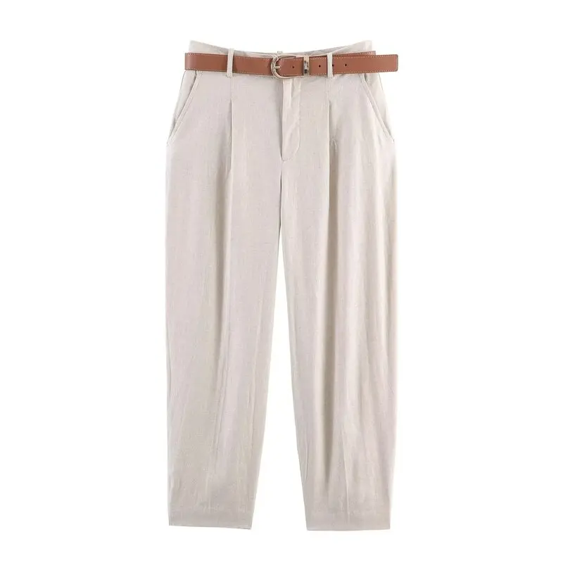 Women's Casual Linen Pants Spring Summer New Arrival Belted Tuck Waist Design Slim Fit Trousers Comfortable Natural Waist