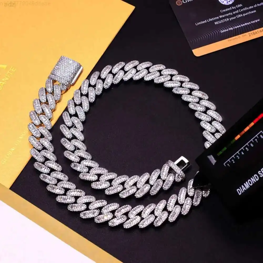 

Pass Tester Gra Vvs Moissanite Baguette Diamond Miami New Silver Chain Design for Men Necklace 16mm Hiphop Cuban Link Chain