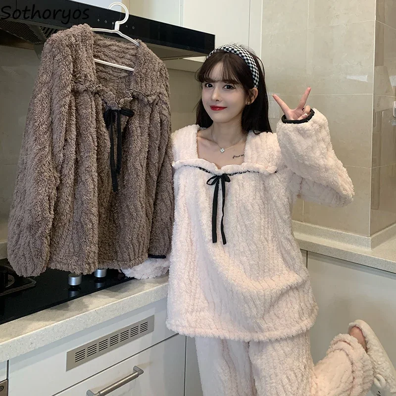 Pijamas de felpa para mujer, ropa de dormir de invierno, cálida, holgada, informal, Ulzzang, con paneles, para el hogar, suave, además de terciopelo más grueso, Пижама Ж Jaya Lounge