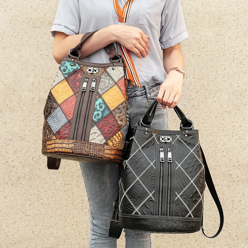National Guofeng Lady's Leather Double Shoulder Bag, Cowhide Bucket Bag, Away Travel Double Shoulder Backpack