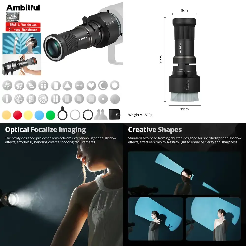 Ambitful AL300Pro Snoot Condenseur Optique à Focalisation pour Effets Artistiques, Cylindre de Lumière à Faisceau Façonné avec Gobos, Formes et Couleurs