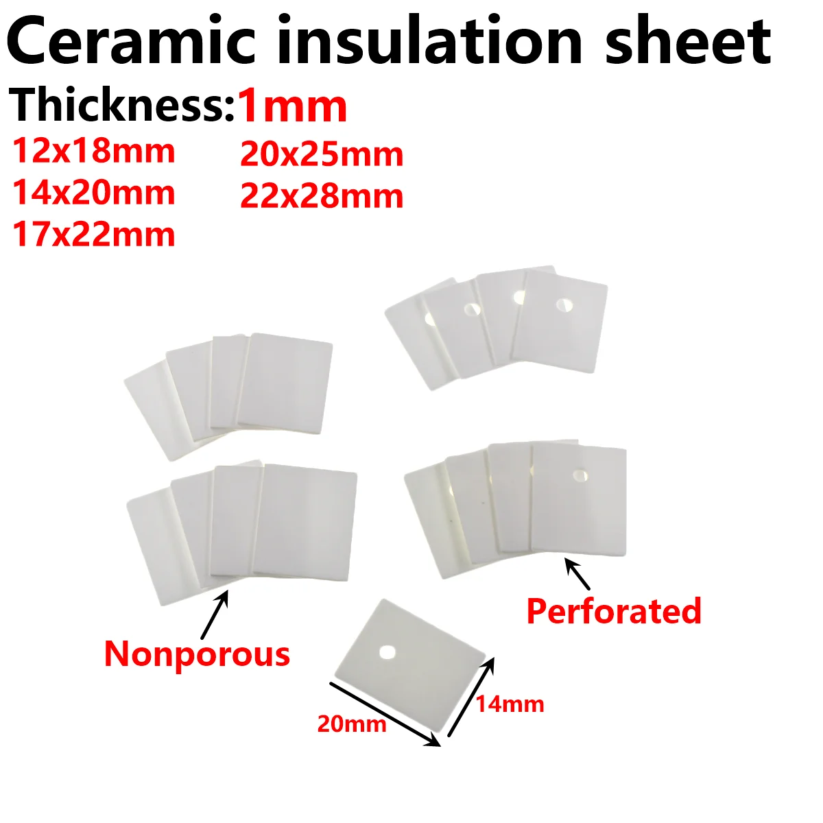 알루미늄 산화물 알루미나 절연 열 전도성 세라믹 패드 개스킷 시트, TO-3P, 220/247, 12, 14, 17/20x18, 20, 22/25 홀, 100 개