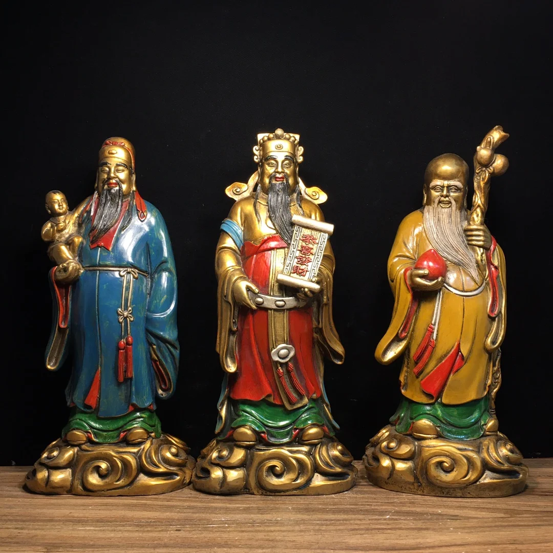 

12"Tibetan Temple Collection Old Bronze Painted Fu Lu Shou immortals God of Wealth Longevity Gather fortune Worship Hall