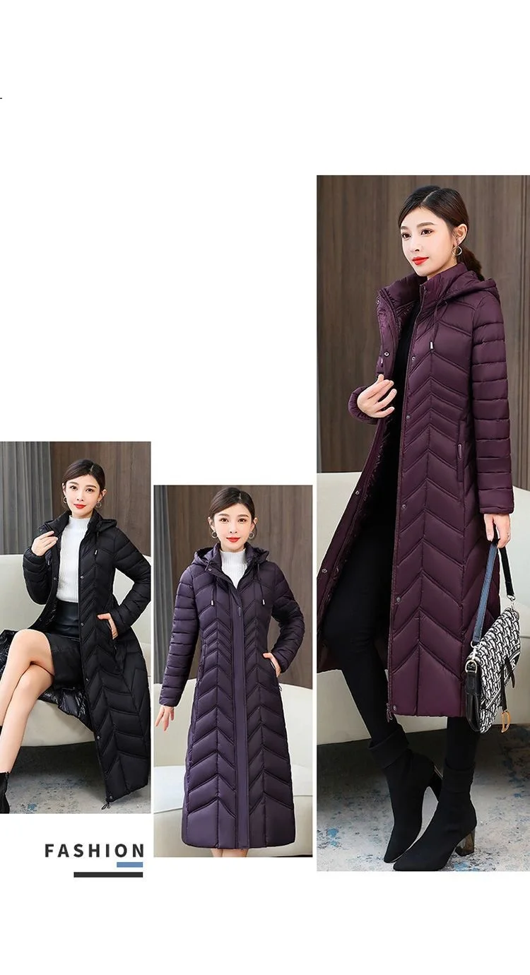 Mom's Long Down Cotton Jacket 2026 Winter New Fashion Slim Hooded Coat Women's Warm Parker Overcoat Solid Female Casual Jackets