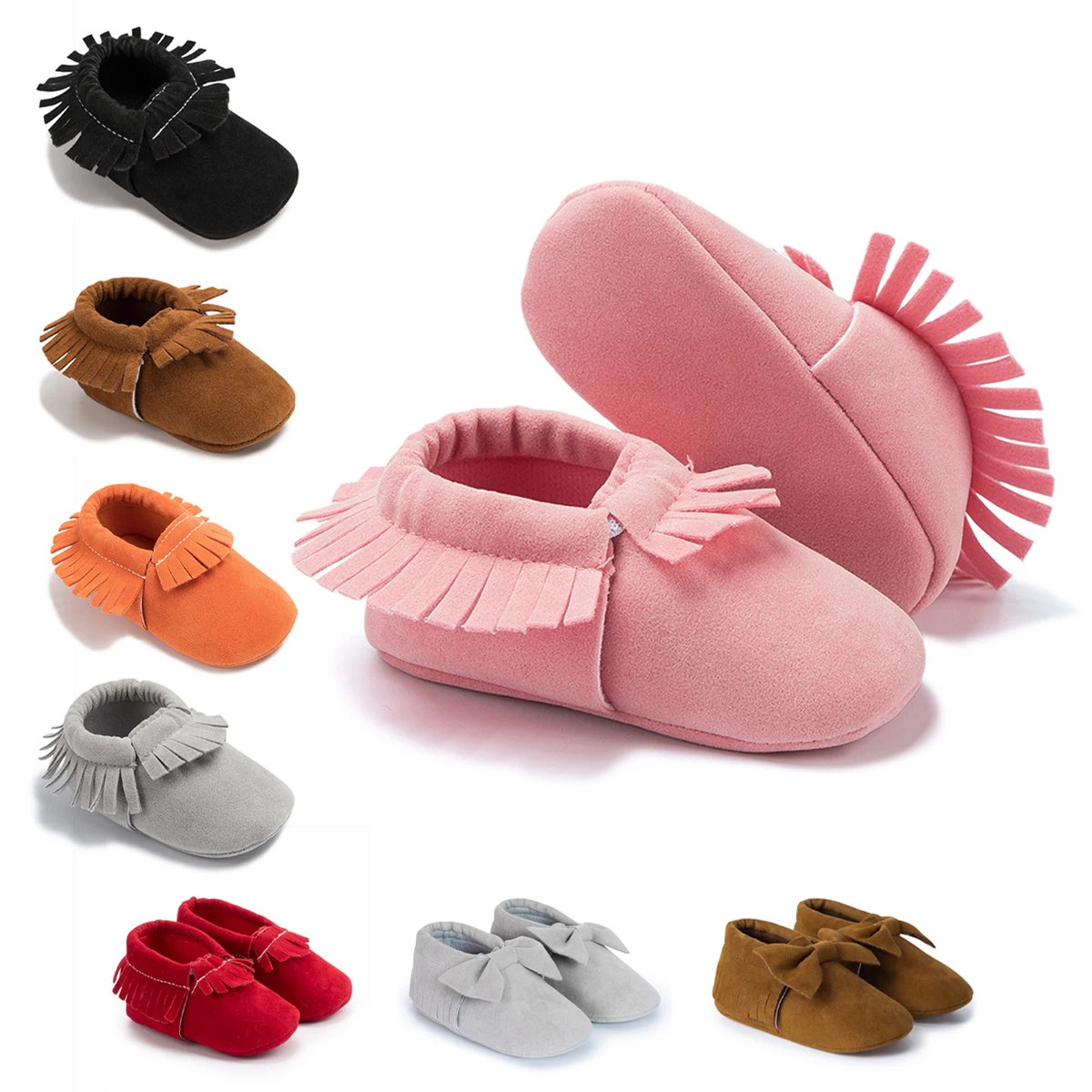 Solid Color Baby Girl Casual Walking Shoes Fashion Fringe Bowknot Comfortable First Walkers Soft Anti-slip Flat Sole 0-18 Months