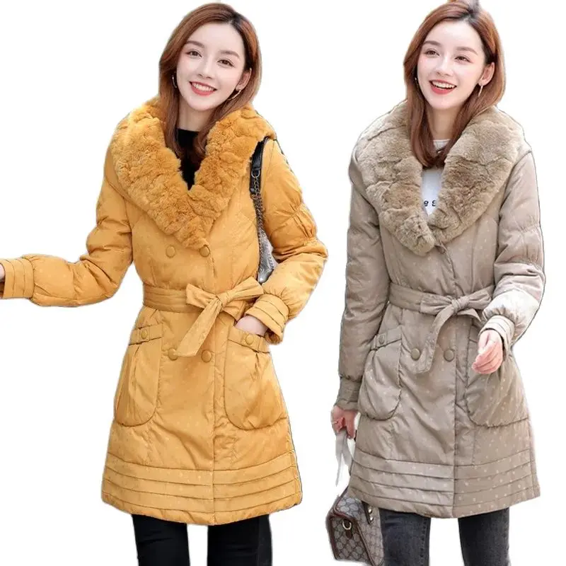 

Imitation Rex Fur Collar Hooded Mid-length Down Cotton Jacket Women Slim Belt Cotton Padded Overcoat Femal Winter Warm Parkas