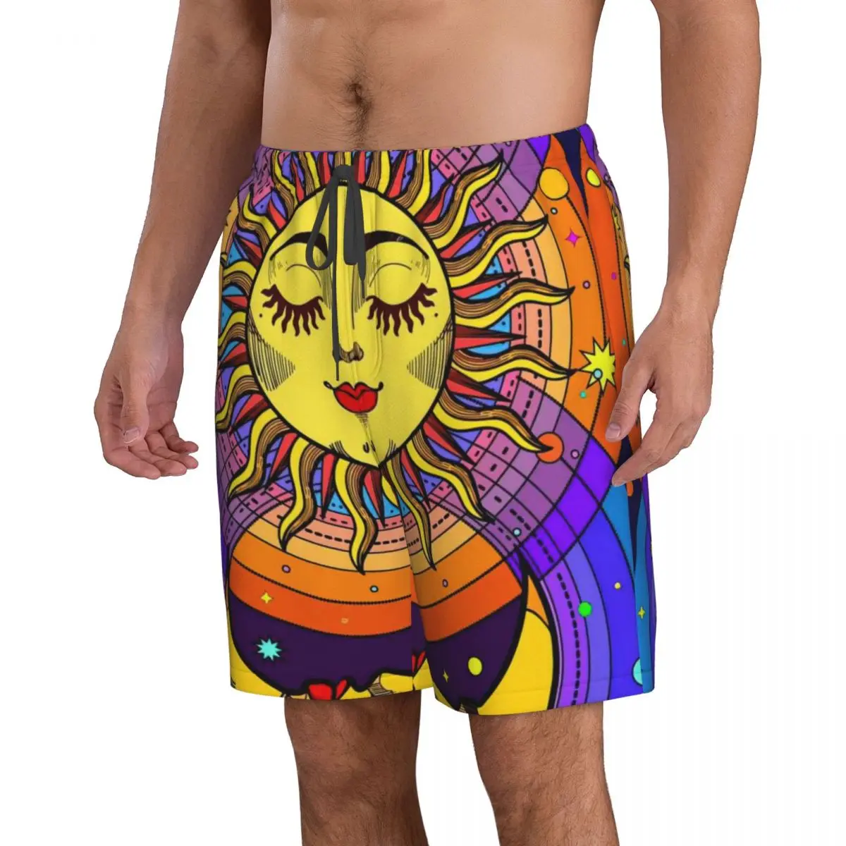 Sun With Face And Crescent Moon On Divination Men's Beach Shorts Fitness Quick-drying Swimsuit Funny Street Fun 3D Shorts