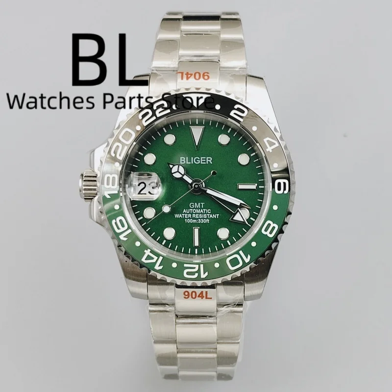 BLIGER 40mm Left Crown NH34 GMT Watch For Men Black Green Ceramic Insert Green Dial Sapphire Glass 100M Waterproof Reloj Hombre