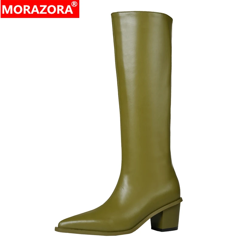 

MORAZORA, размеры 34–43, ботинки из натуральной кожи, женские сапоги до колена на высоком каблуке с острым носком, осенне-зимние современные ботинки, женская обувь