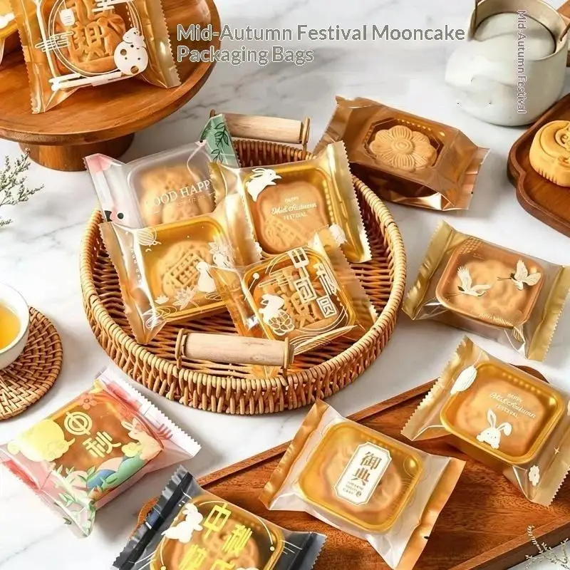 100Pcs Mid Autumn Festival Mooncake Packaging Bags Cute Rabbit Pattern Sealable For Home Baking Holiday Pastry Gift Wrap Supplie