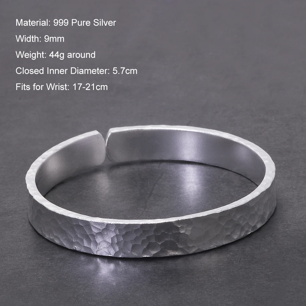999 Pure Silver Hammered Cuff Bangle Bracelet for Men Women Handcraft Minimalist Birthday Party Jewelry Gift