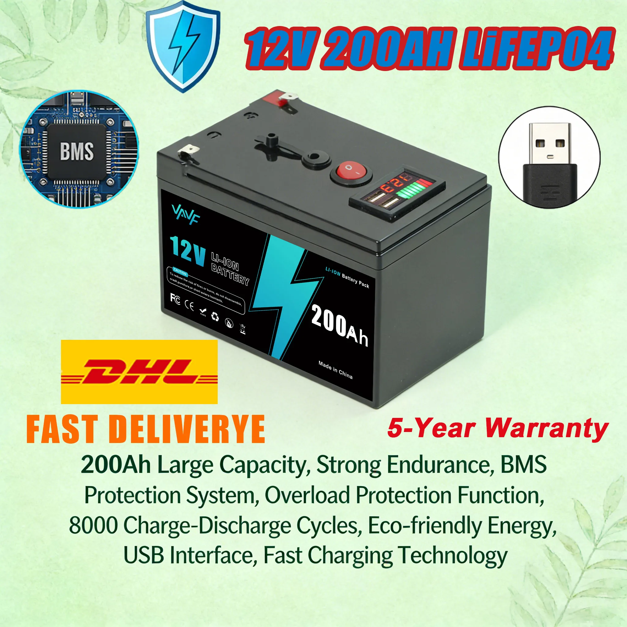 

200AH12v Rechargeable Battery Lithium Iron Phosphate Batterywith BMS for UPSReliable RV,Off-Grid,Marine & Solar Applications