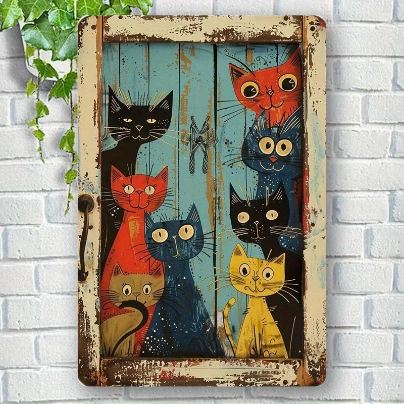 Vintage Metal Wall Decor - Funny Multi-Cat Design with Peeking Cats Heavy-Duty Iron Construction Rustic Farmhouse Cafe Garag