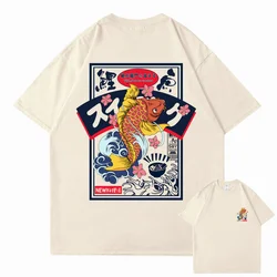 Hip hop street wear Harajuku T-shirt Japanese red koi print T-shirt 2024 men's pure cotton casual short sleeved Japanese T-shirt