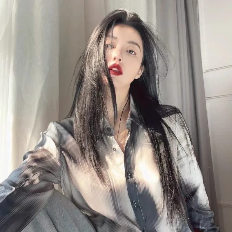 

High Street Tie Dye Loose Youth Shirt Tops Women Clothes Spring Autumn Neck Long Sleeve Print Vintage Blouse Casual Fashion