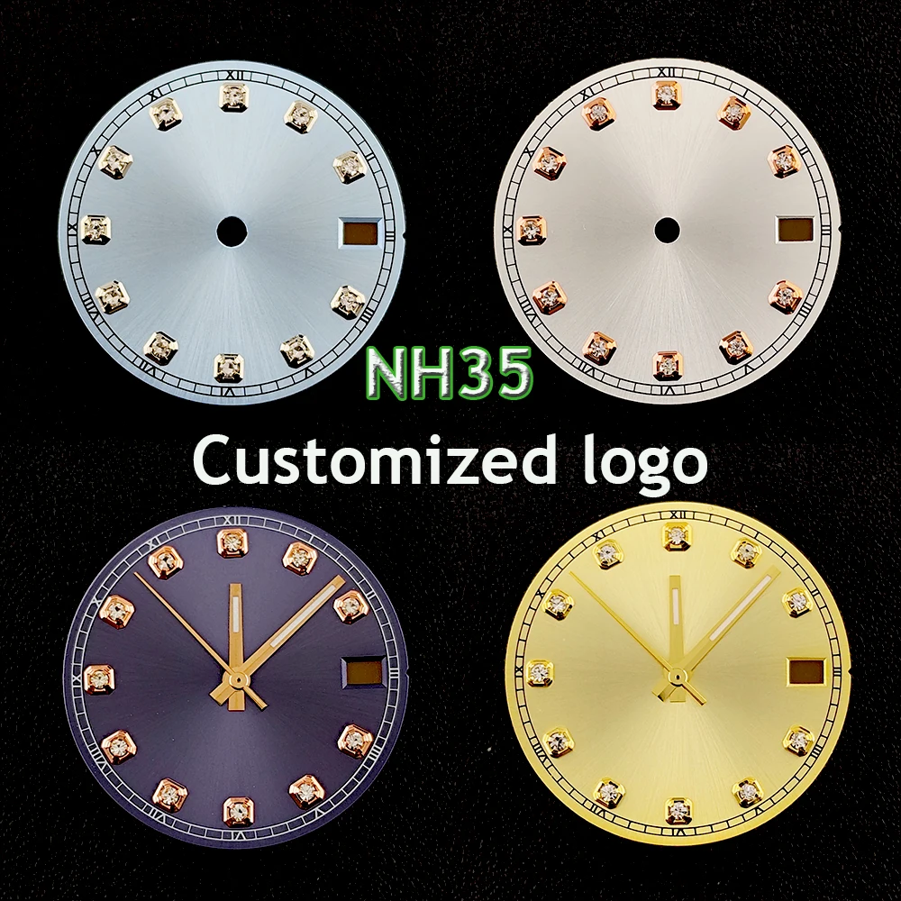 

Циферблат NH35 с бриллиантовым циферблатом 28,5 мм, индивидуальный логотип, циферблат с солнечным узором без светящегося циферблата, аксессуары для часов с механизмом NH35