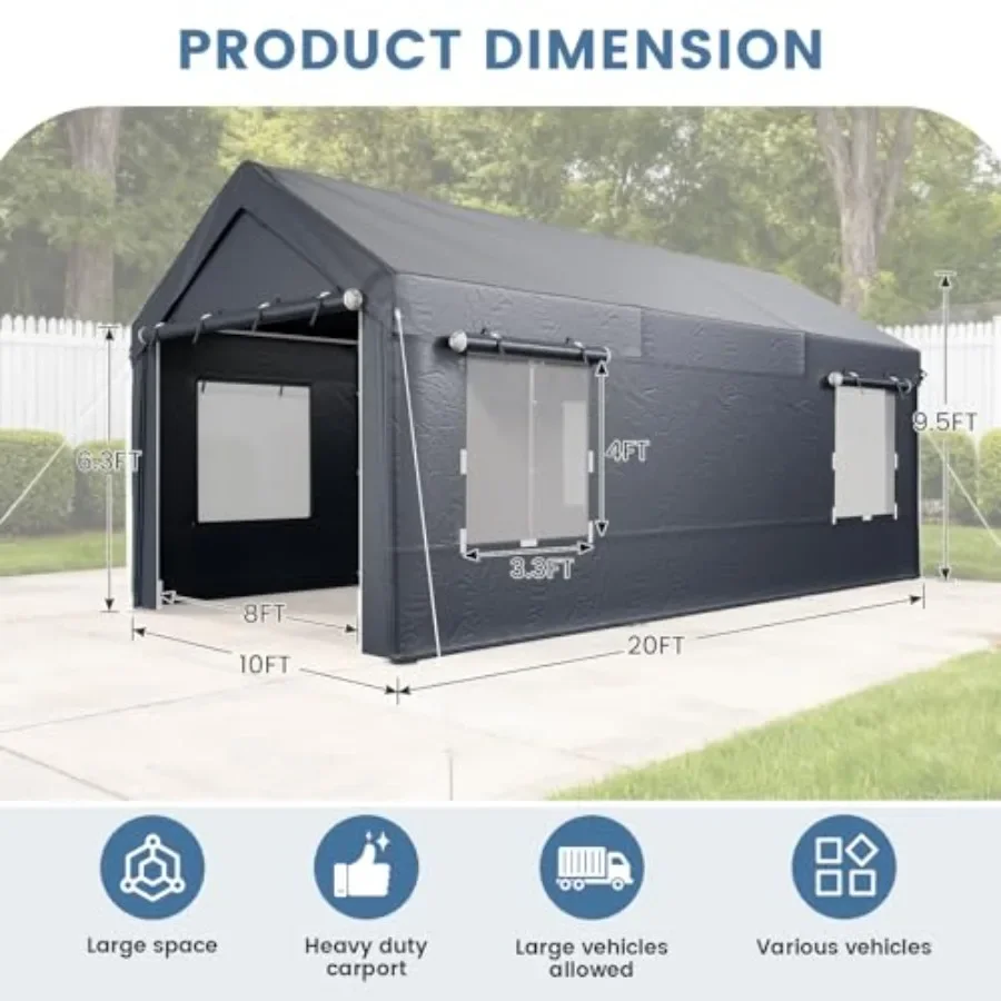 Feet Carport for outdoor vehicle storage, heavy-duty polyethylene tarp, grey, all-season weather resistance with roll-up window