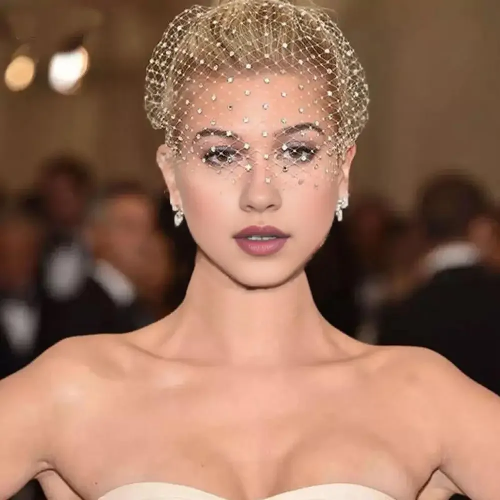 

White Headband Veils Retro Hair Hoop Rhinestones Headband Cosplay Handmade Hairband Bridal Fascinators Black Face Net Mask