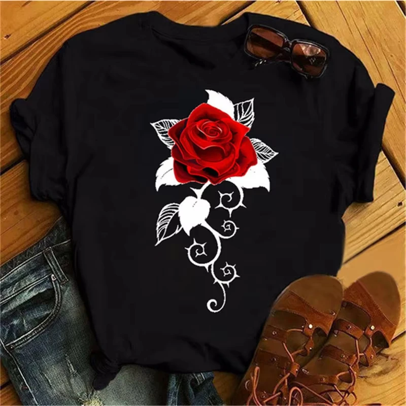 Fashionable and Creative Rose Note Pure Cotton Printed Men's and Women's Clothing New Fashion Trend Loose Round Neck T-shirt