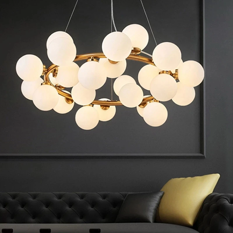 Nordic Round LED Chandelier Glass Ball Gold Black Pendant Lamp Restaurant Kitchen Living Room Ring Home Decor Lighting Fixtures