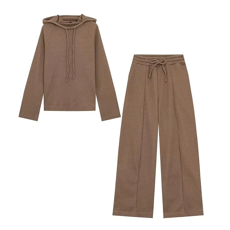 Guobioziy Women Set  Early Fall Classic Commuter Style Long Sleeve Mesh Waffle Hoodie Wide Leg Mid Waist Pants