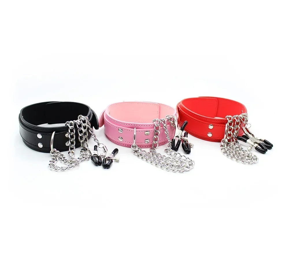 Sexy Leather Choker Collar With Nipple Clamp Breast Clip Chain SM Bondage Couple SM Sex Toys For Woman Erotic Tools Adult Games - view 2