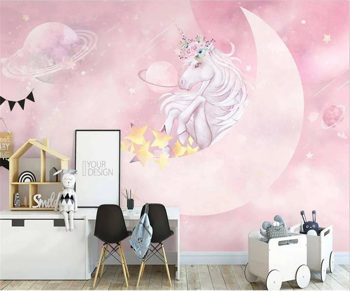 Nordic Cartoon Wallpaper Pink Deer Cherry Blossoms Rainbow Unicorn Pink Castle Children's Room Customizable Wall 3d wallpaper