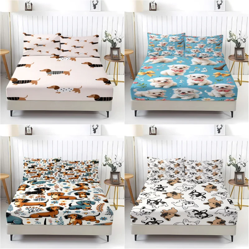 3pcs Cute Cartoon Sausage Dog Print Fitted Sheet Set Multi Size Bed Cover Bedroom Bedding Decoration Machine Washable