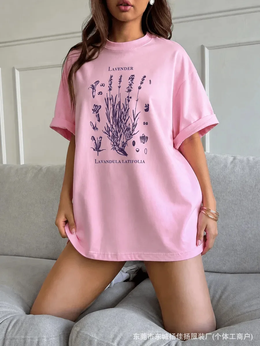 Vintage Botanical Lavender Scientific Sketch Front Print Oversized High Quality Soft 100% Cotton Summer T Shirt Sweet Elegant
