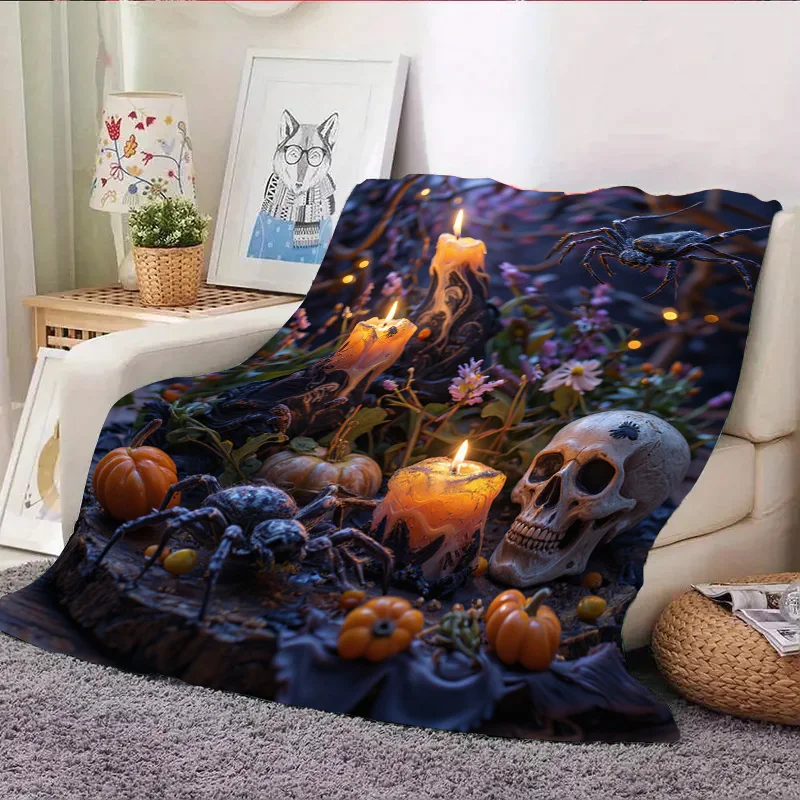 Couverture en flanelle douce et légère pour toutes saisons, couverture confortable pour bébé sur le thème d'halloween avec bougies effrayantes, Design tête de mort et araignée