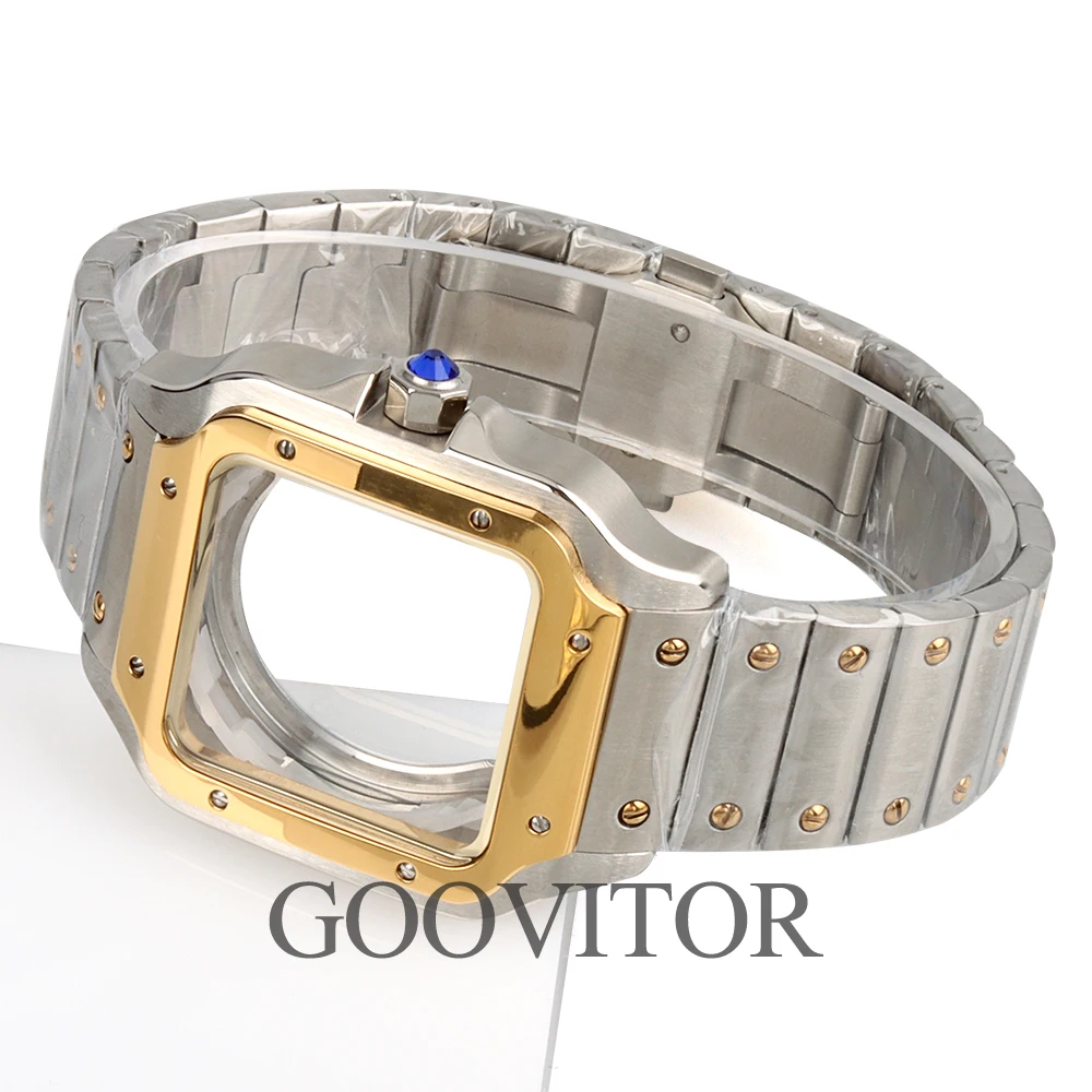 Gold/Black 38MM Square Watch Case Stainless Steel Modification Parts Fit Santos Nh35 Nh36 Nh38 Movement 27mm Dial Mod Accessory