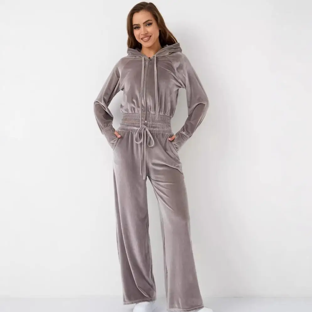 

Casual Zipper Silver Velvet Open Cardigan Pure Color Sweatirt Belted Pants Two-Piece Set Faionable Women's Clothing