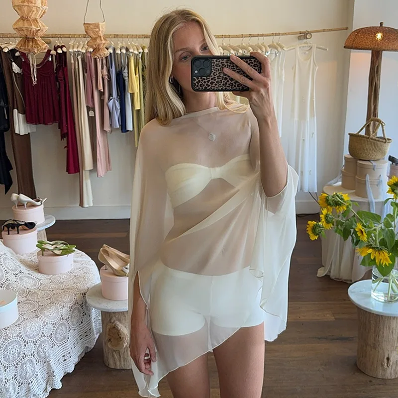 DSMTRC moda verano gasa ropa de playa transparente manga de murciélago sólido suelto cubrir vestido para mujeres media manga Mini vestidos