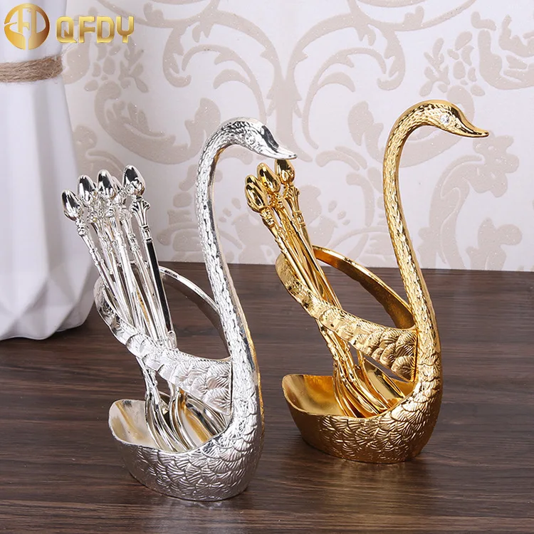 

Stainless Steel Creative Dinnerware Set Swan Base Holder With 6 Spoons Decorative For Coffee Fruit Dessert Stirring Mixing