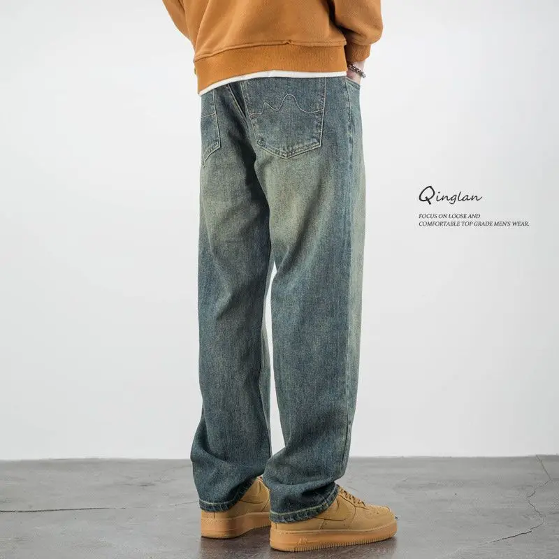 

Винтажные винтажные джинсы для мужчин, осенне-зимние прямые брюки свободного покроя, широкие брюки большого размера, модные брендовые повседневные брюки