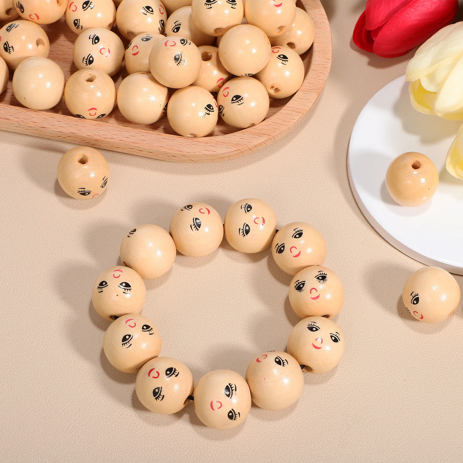 

100 Pcs Smile Face Wooden 22mm DIY Craft Rounds Natural Wood Color Large Hole Female Head Beads for Jewelry Making