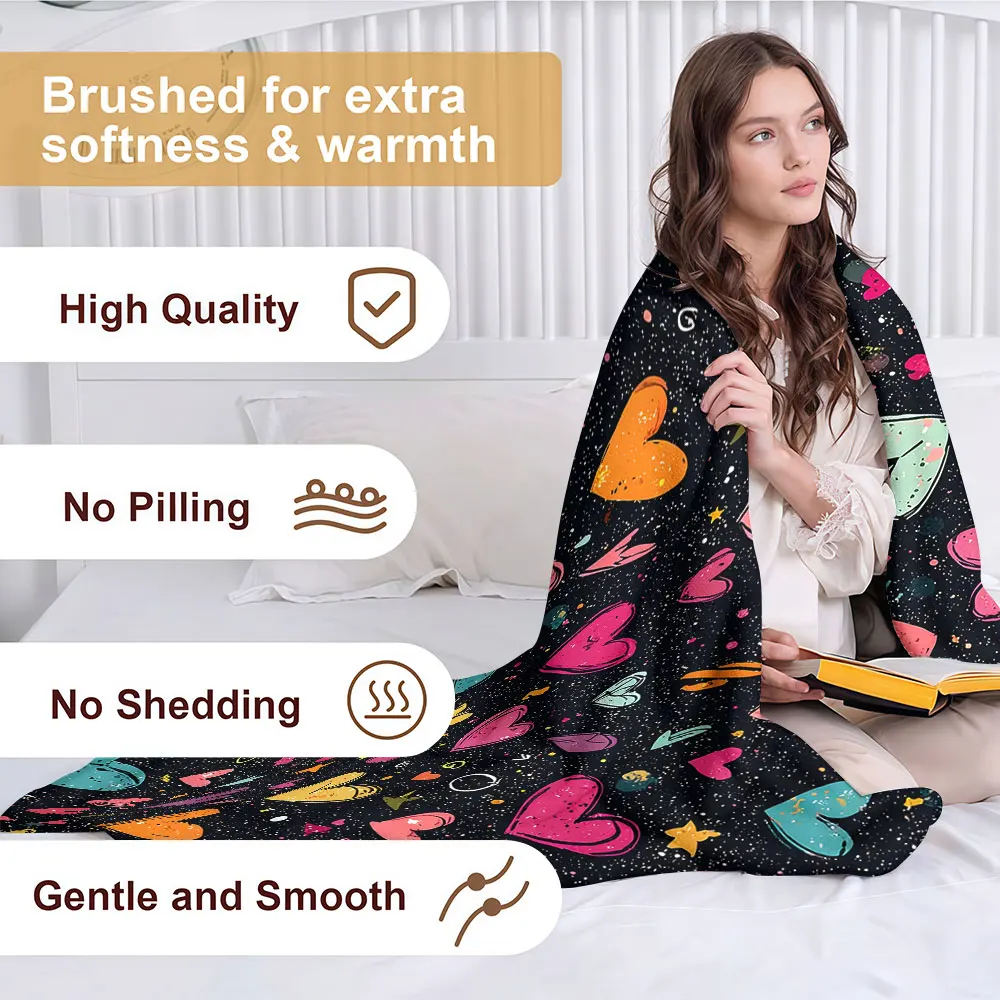 Color Heart Star Doodle Soft Warm Flannel Blanket Lightweight Cozy Christmas Halloween Home Decor Room
