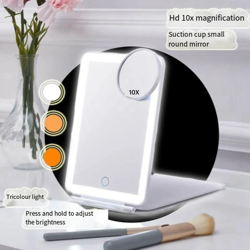 Miroir de maquillage pliant portable, miroir de voyage ultra-mince, gradation tricolore, 10X HD