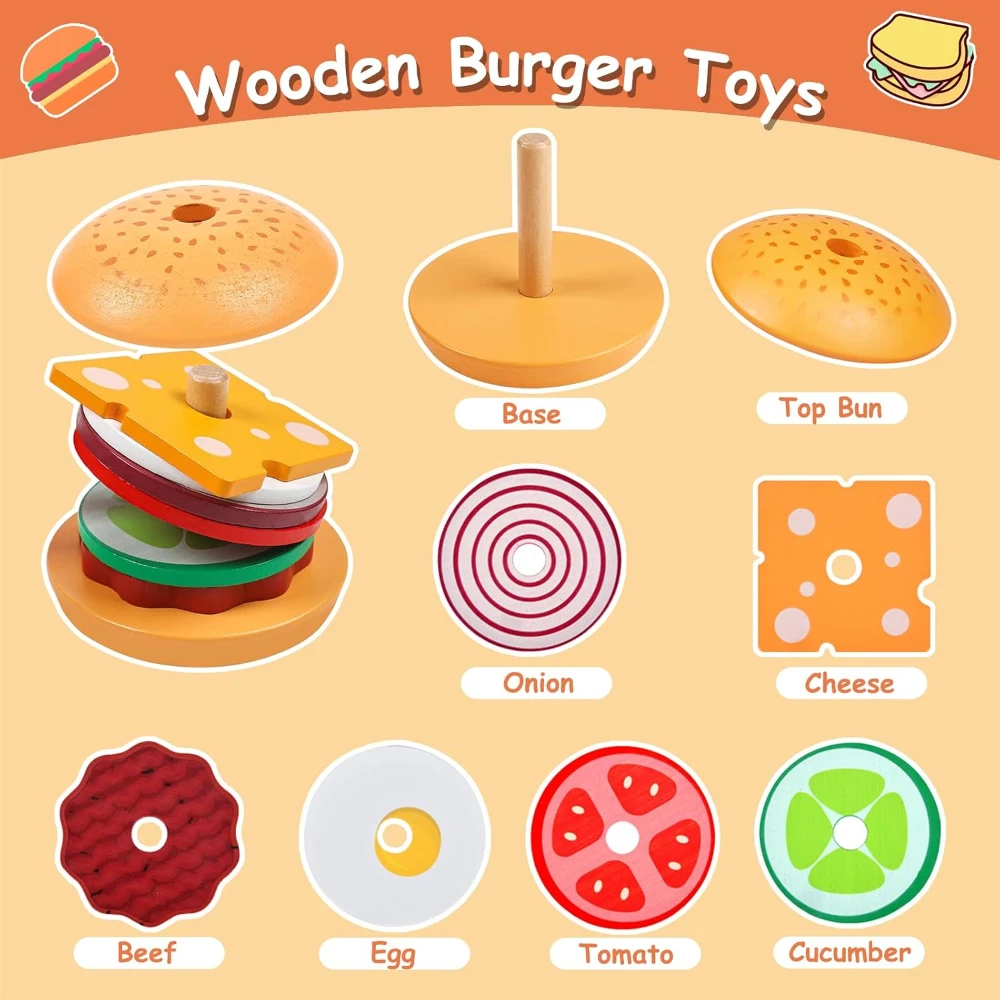 Montessori Toys for Kids, Wooden Burger Sandwich Stacking Toys for Toddler, Educational Toys Foods Learning Blocks Gifts