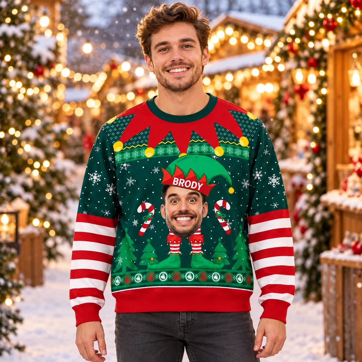 DIY Photo Print Holiday Outfit Ugly Christmas Sweater Custom Face Design Long Sleeve Sweaters for Men Women Christmas Events