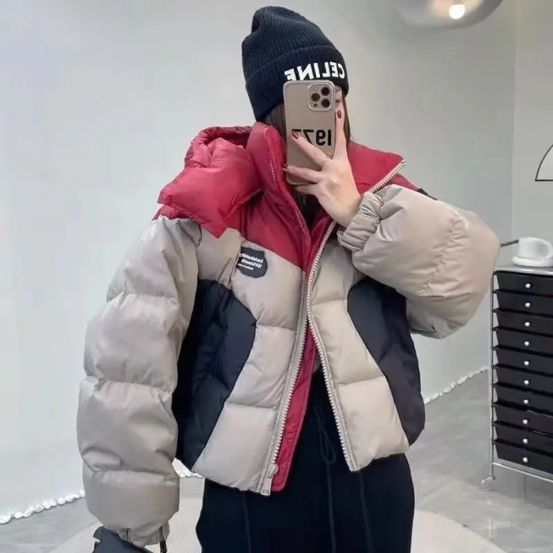 Fashion Patchwork Hooded Zipper Down Jacket Loose Office Lady White Duck Down Jacket 2023 Winter Women's Warm Casual Down Jacket