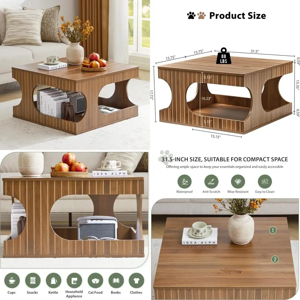 

Современный квадратный журнальный столик середины века диаметром 31,5 дюйма с арочными вырезами и резными линиями, двухуровневая центральная часть