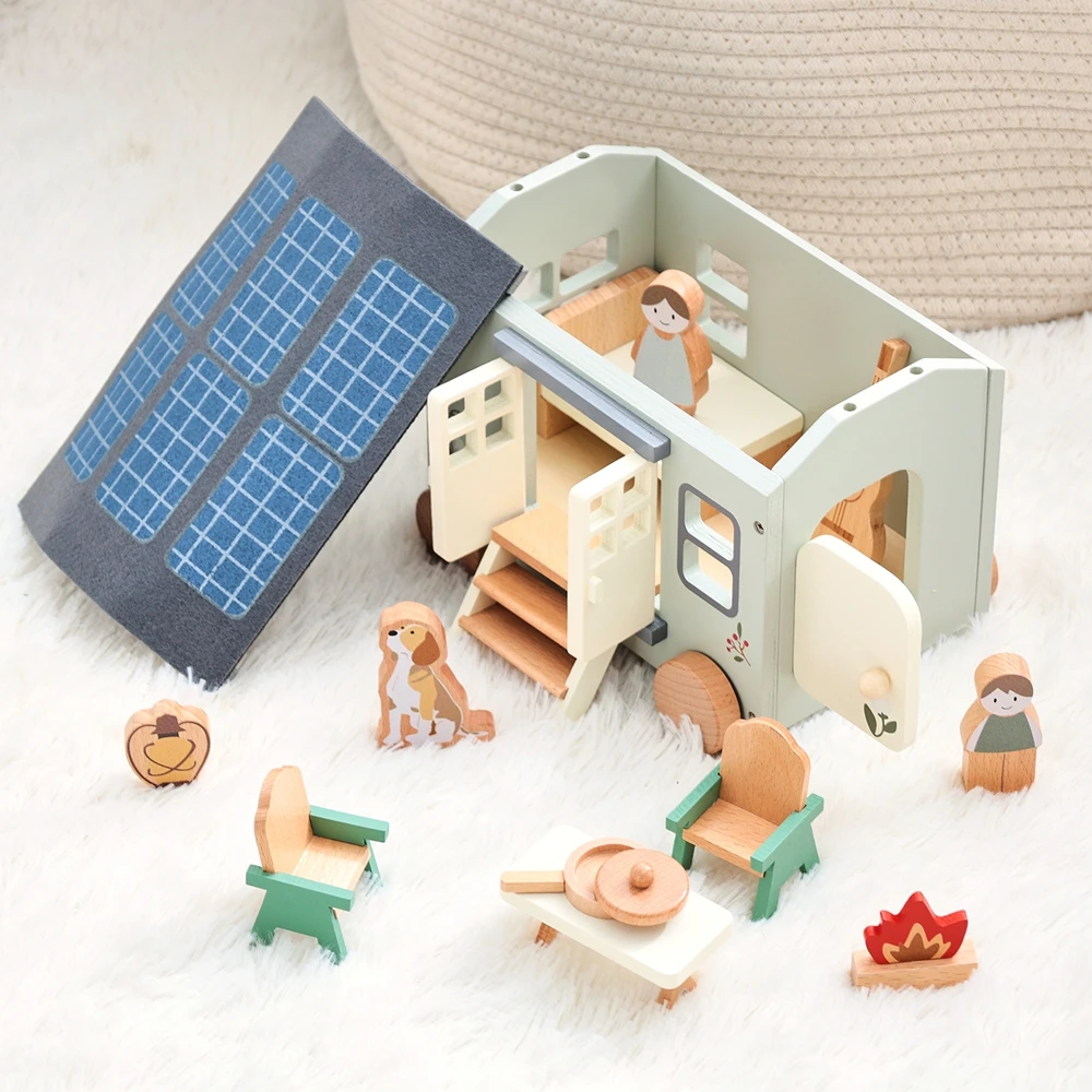 나무 캠핑 차량 장난감 세트 아기 몬테소리 장난감 만화 블록 장면 배치 놀이집 게임 어린이 선물