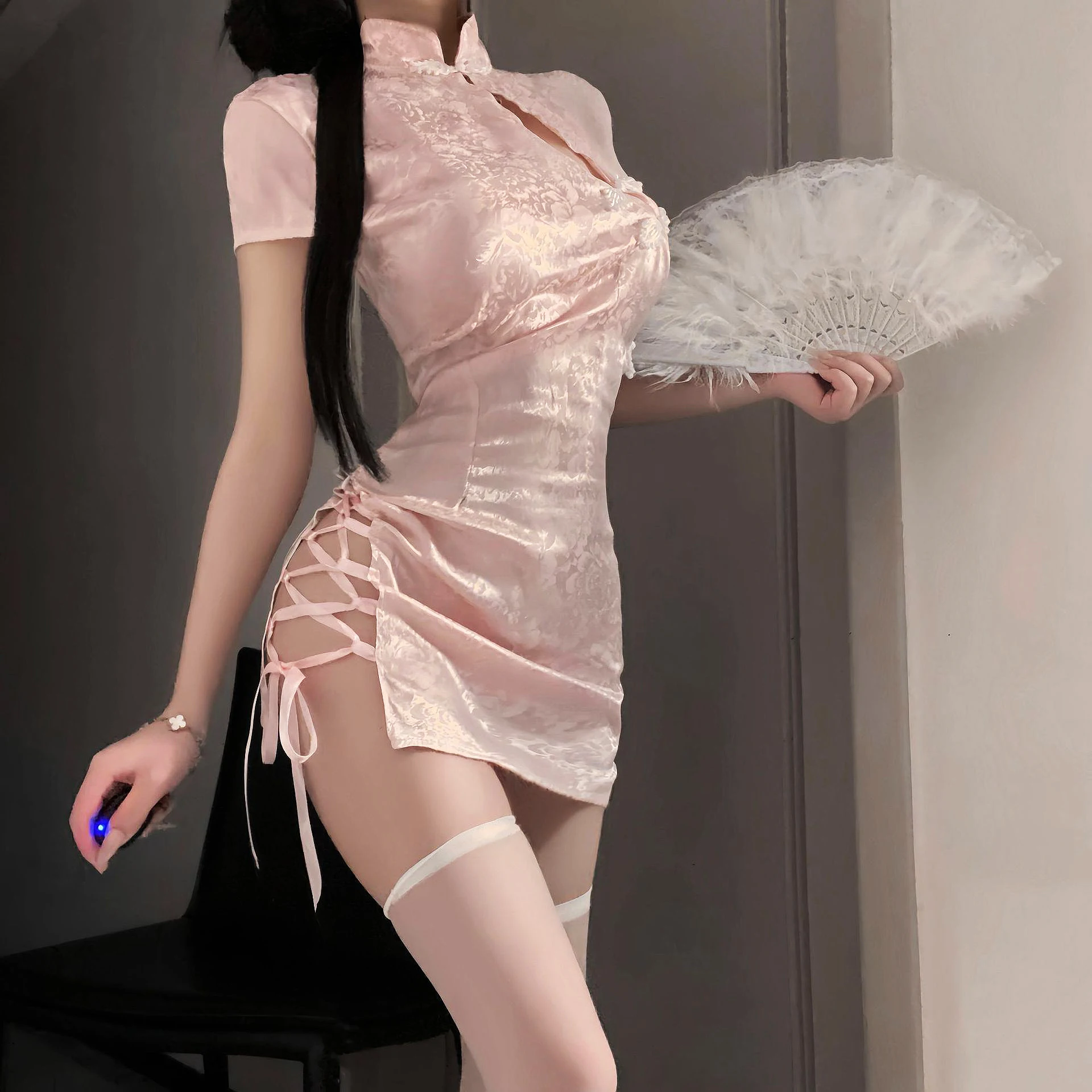 

Sexy Pink Chinese Qipao Cheongsam Lingerie Oriental Seductive Costume Cosplay Party Outfit Private Performance Hot Bodysuit