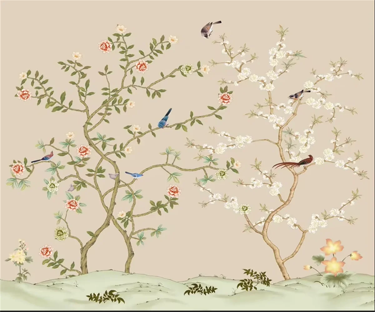 Customized Mural Wallpaper hand-painted flowers and birds art high-end TV background wall 3d wallpaper living room bedroom mural