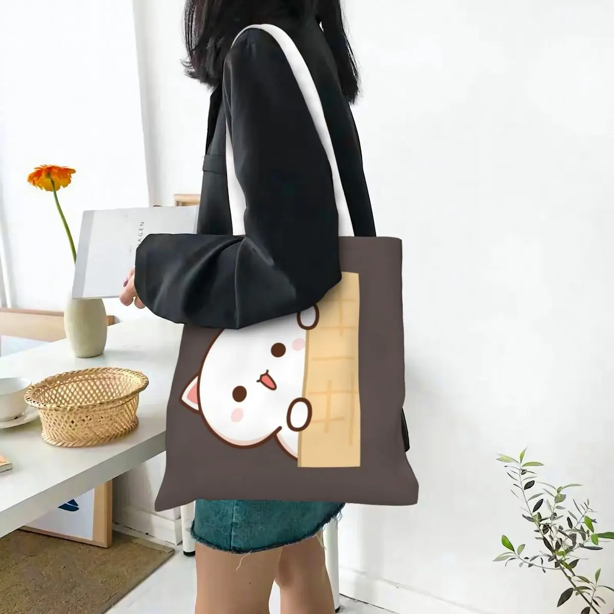 Women Men Peach And Goma - Mochi Peach Cat Peek A Boo Tote Bags Large Capacity Grocery Bag for Ladies Handbags