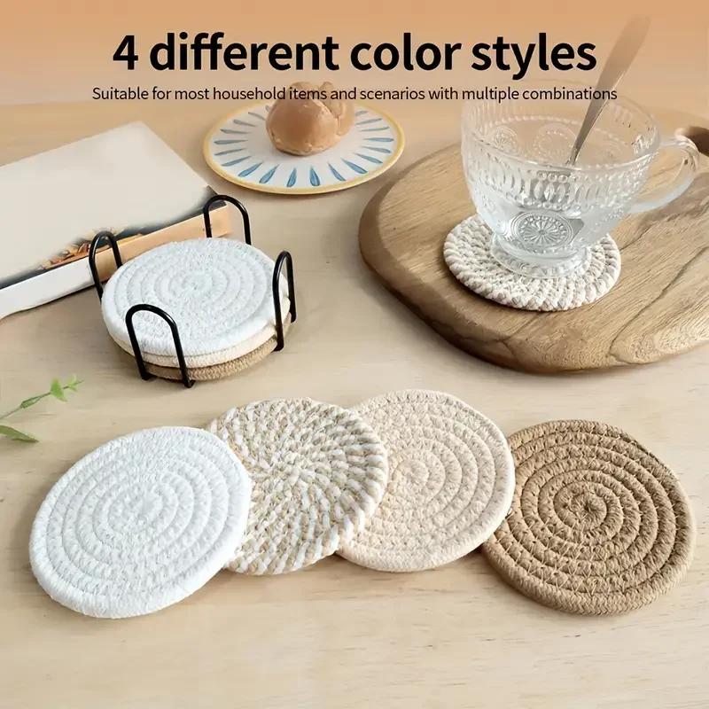 4 Pcs Round Cup Mugs Pad Placemat Woven Coffee Coaster Tableware For Home Kitchen Table Mats Insulated Pads Hand-Woven Placemat