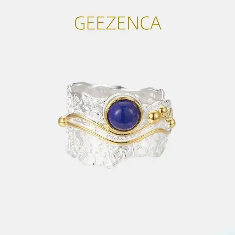 

GEEZENCA 925, серебристо-синий лазурит, эффектные широкие кольца, двухцветное массивное кольцо, распродажа, ограниченный запас, первый, первый, получите