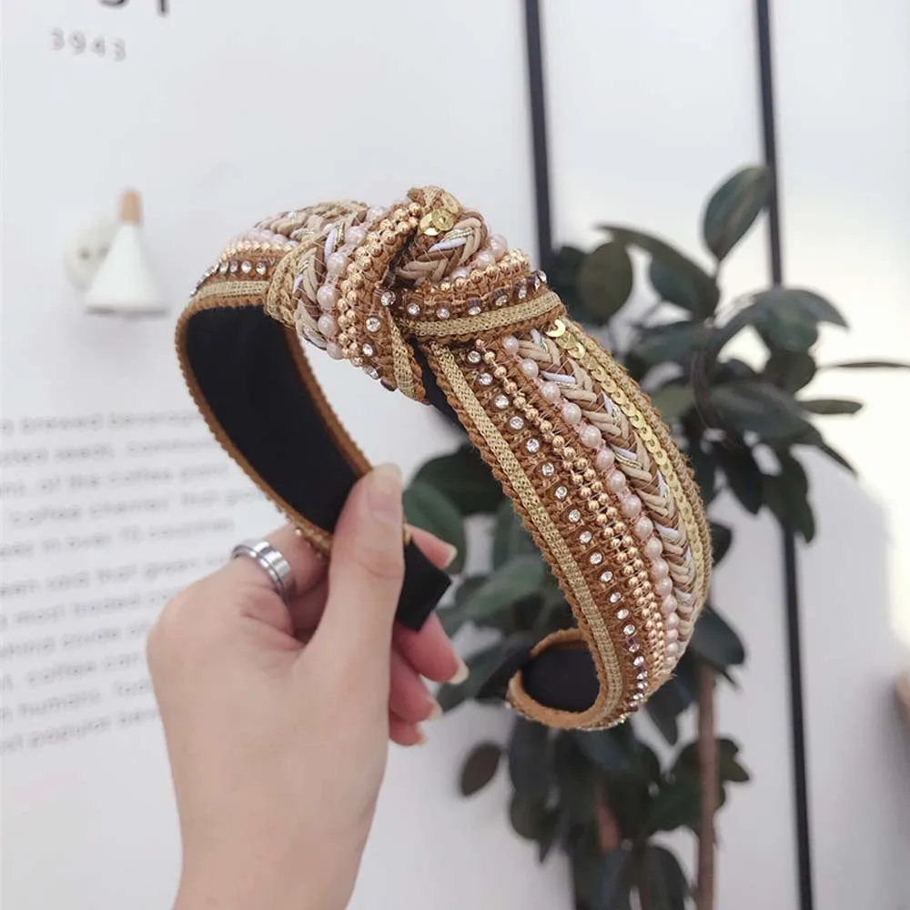 

Personality Wide Knotted Korean Crystal Hair Hoop Women Headwear Diamond Headband Cloth